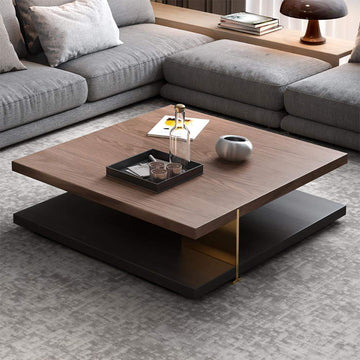 Industrial Black & Walnut Square Pedestal Coffee Table Solid Wood Accent Table-Richsoul-Coffee Tables,Furniture,Living Room Furniture